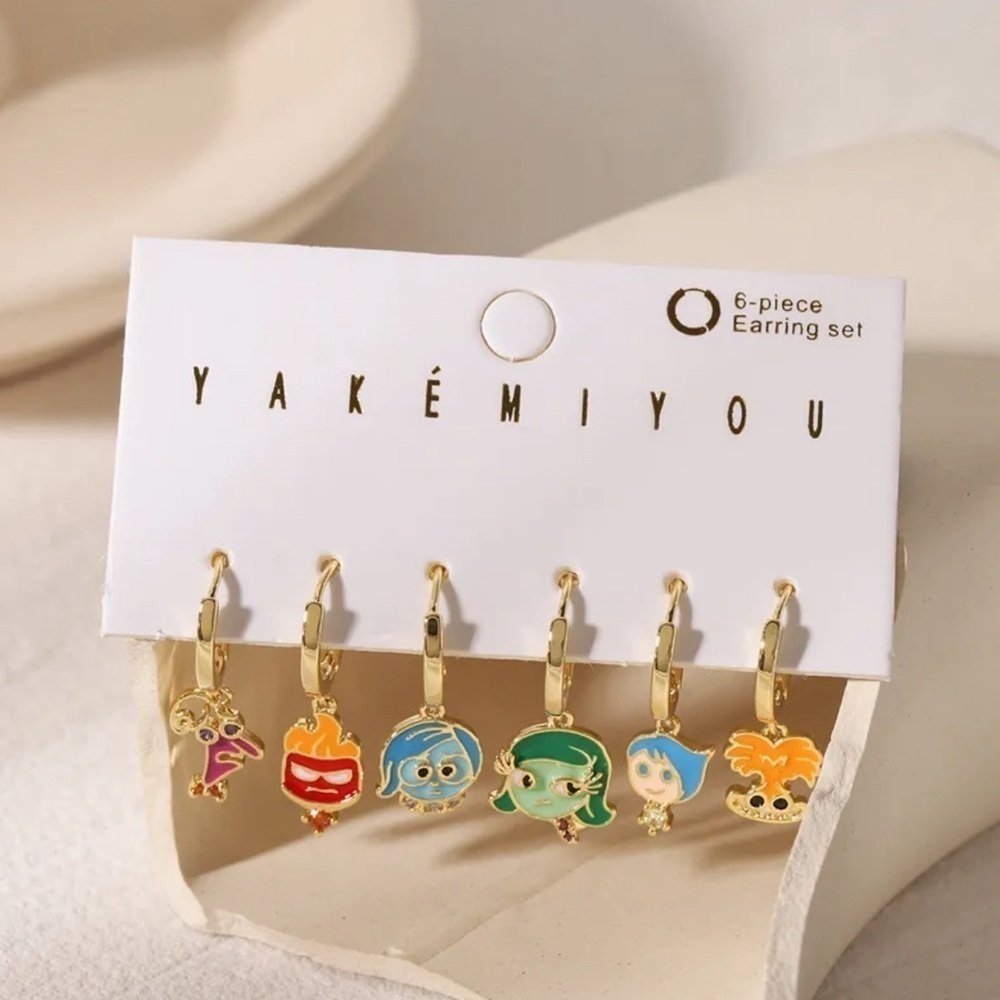 14K Gold Plated Disney Pixar Inside Out 2 Theme Earrings Hoop Dangle Mismatched